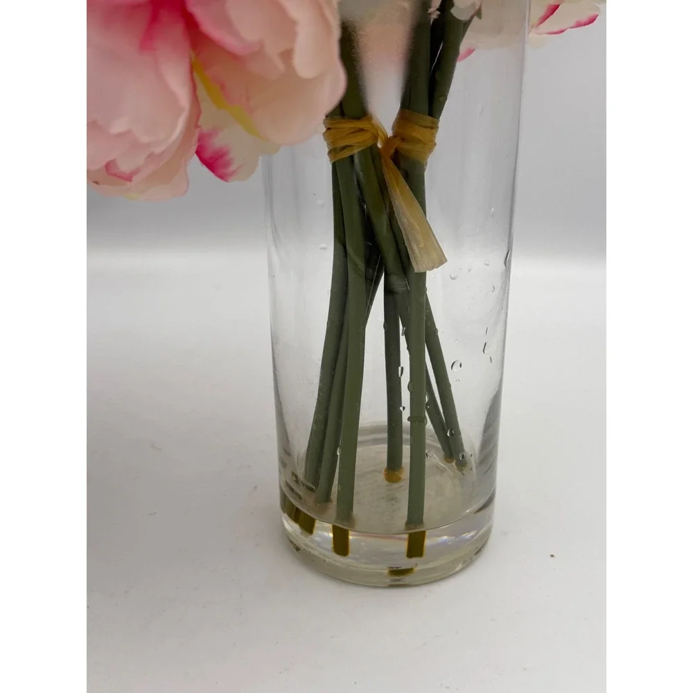 Set of 2 Faux Pink Peony Silk Flower Arrangements in Glass Vases with Faux Water